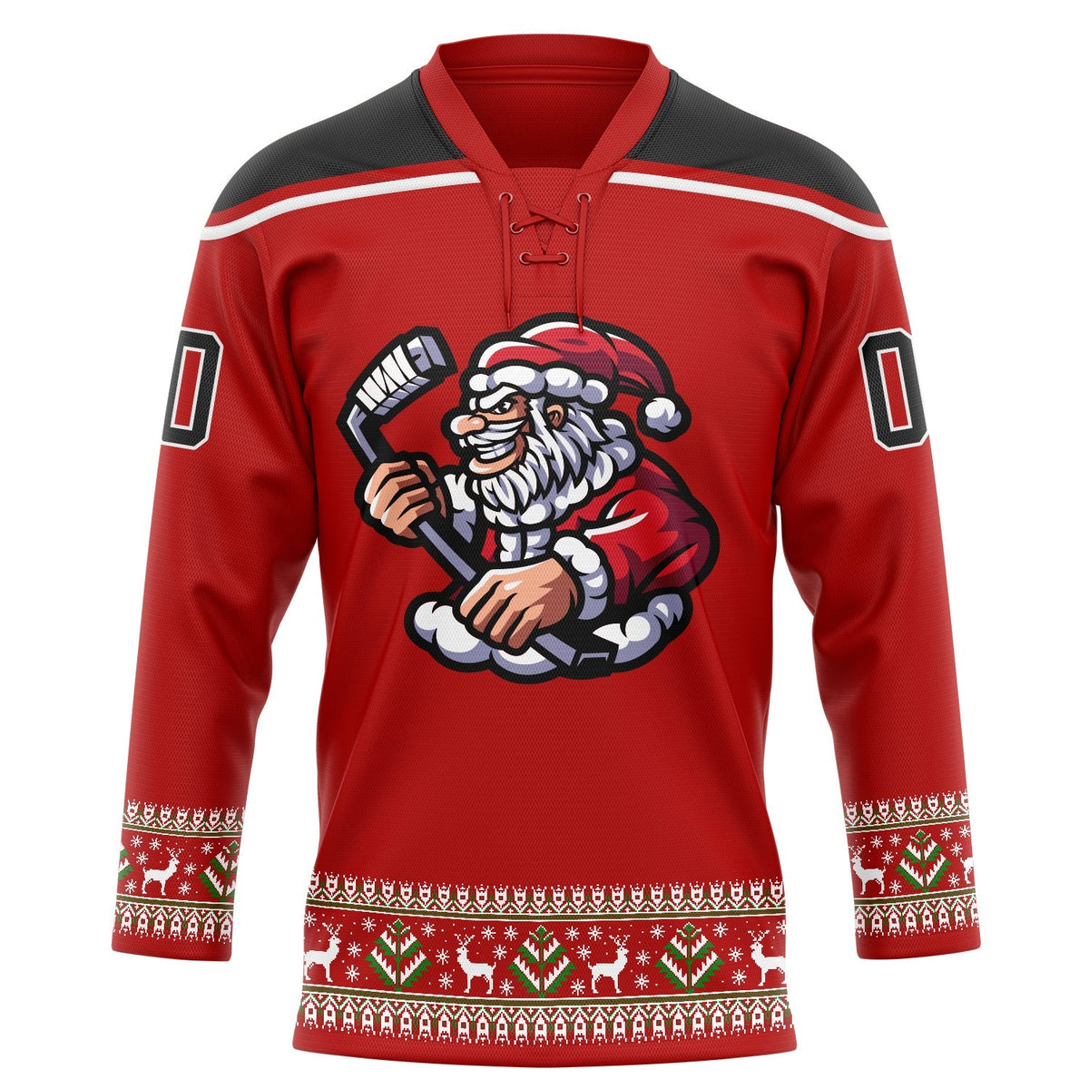 Custom Hockey Jersey - Red Black-White Christmas Santa Claus 3D Lace Neck