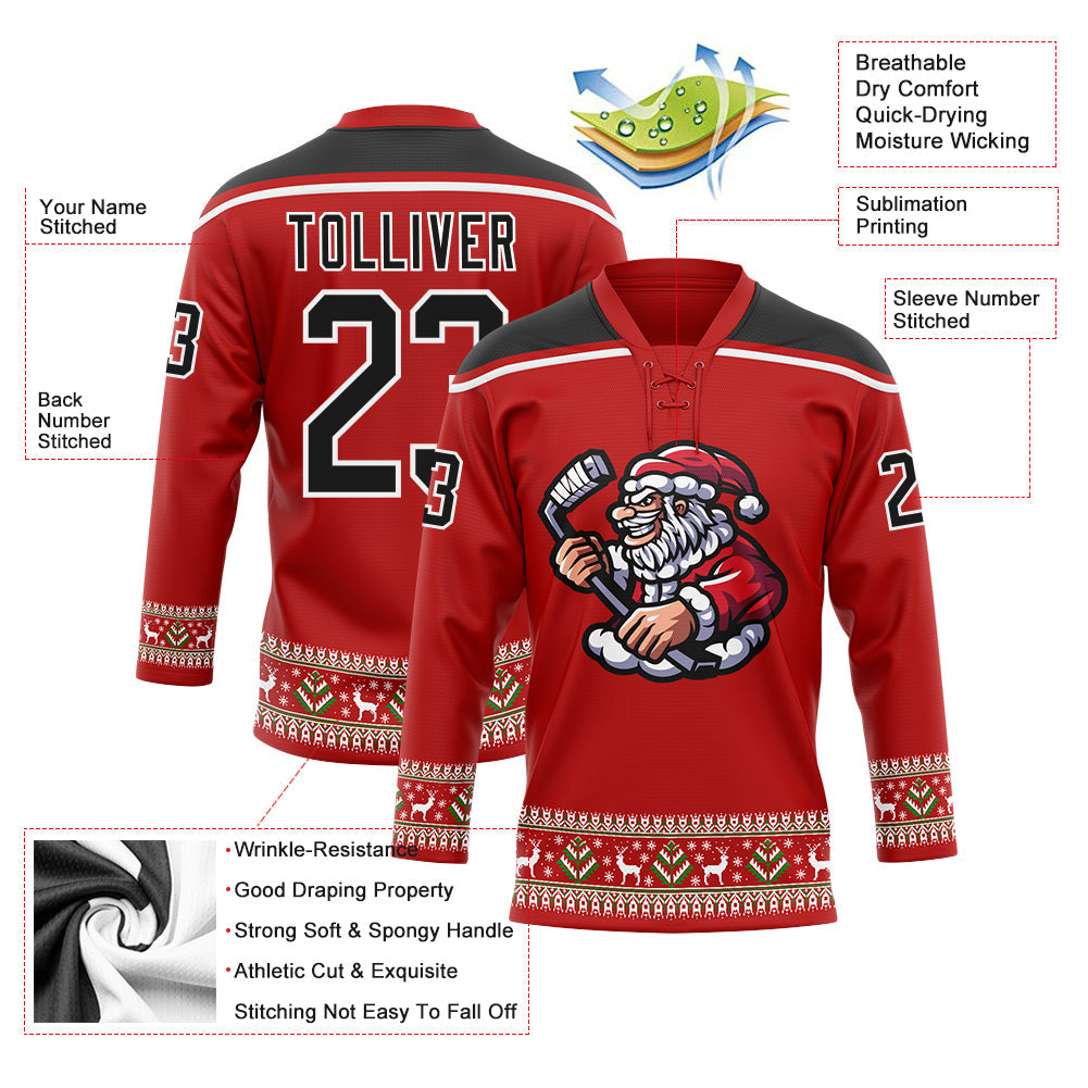 Custom Hockey Jersey - Red Black-White Christmas Santa Claus 3D Lace Neck