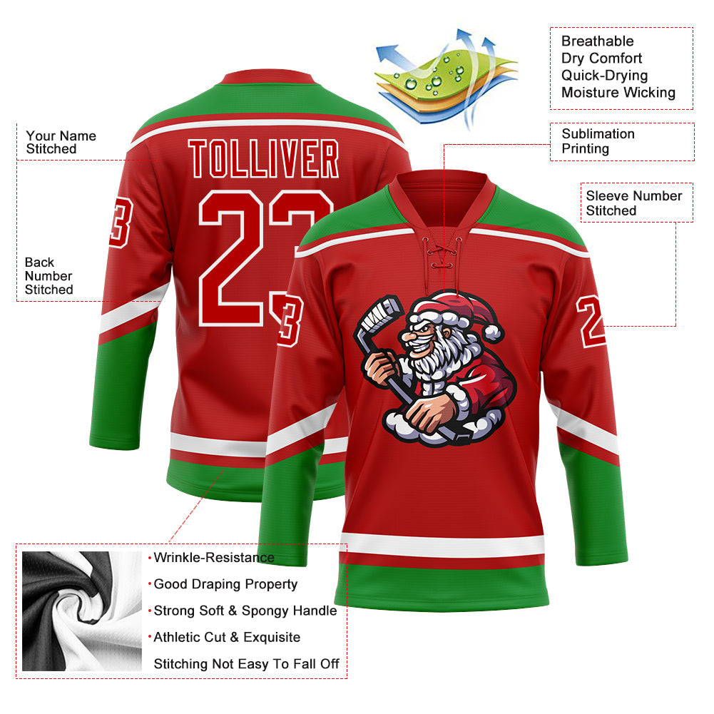Custom Hockey Jersey - Red Grass Green-White Christmas Santa Claus 3D Lace Neck