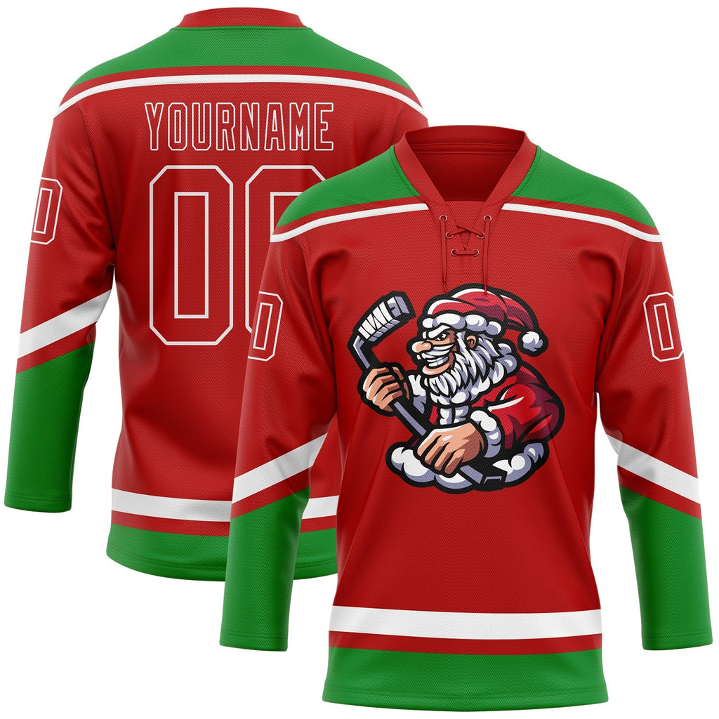 Custom Hockey Jersey - Red Grass Green-White Christmas Santa Claus 3D Lace Neck