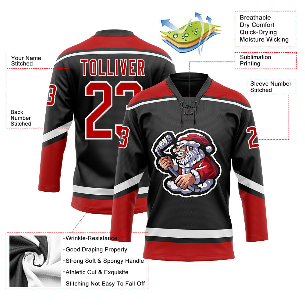 Custom Hockey Jersey - Black Red-White Christmas Santa Claus 3D Lace Neck