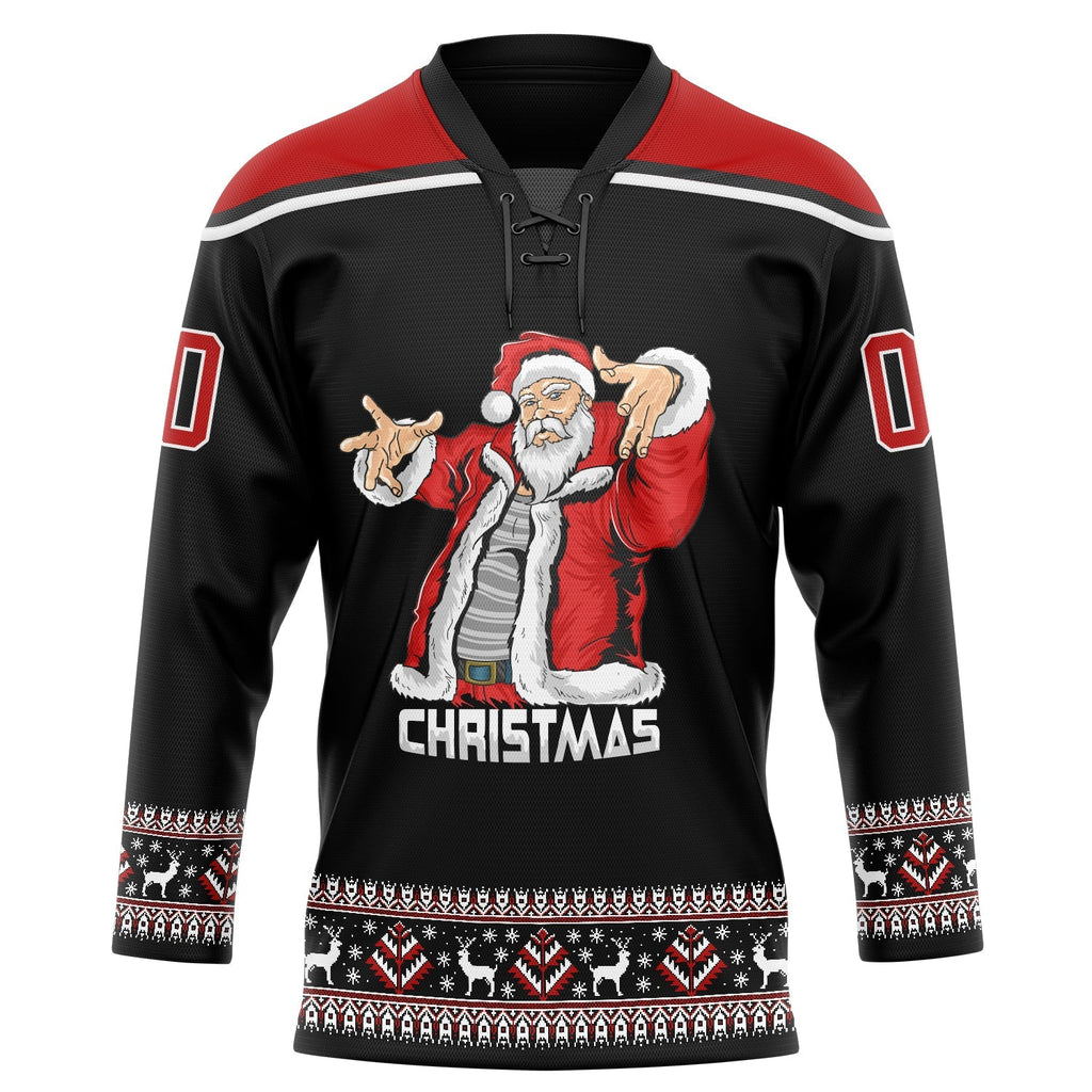 Custom Hockey Jersey - Black Red-White Christmas Santa Claus 3D Lace Neck