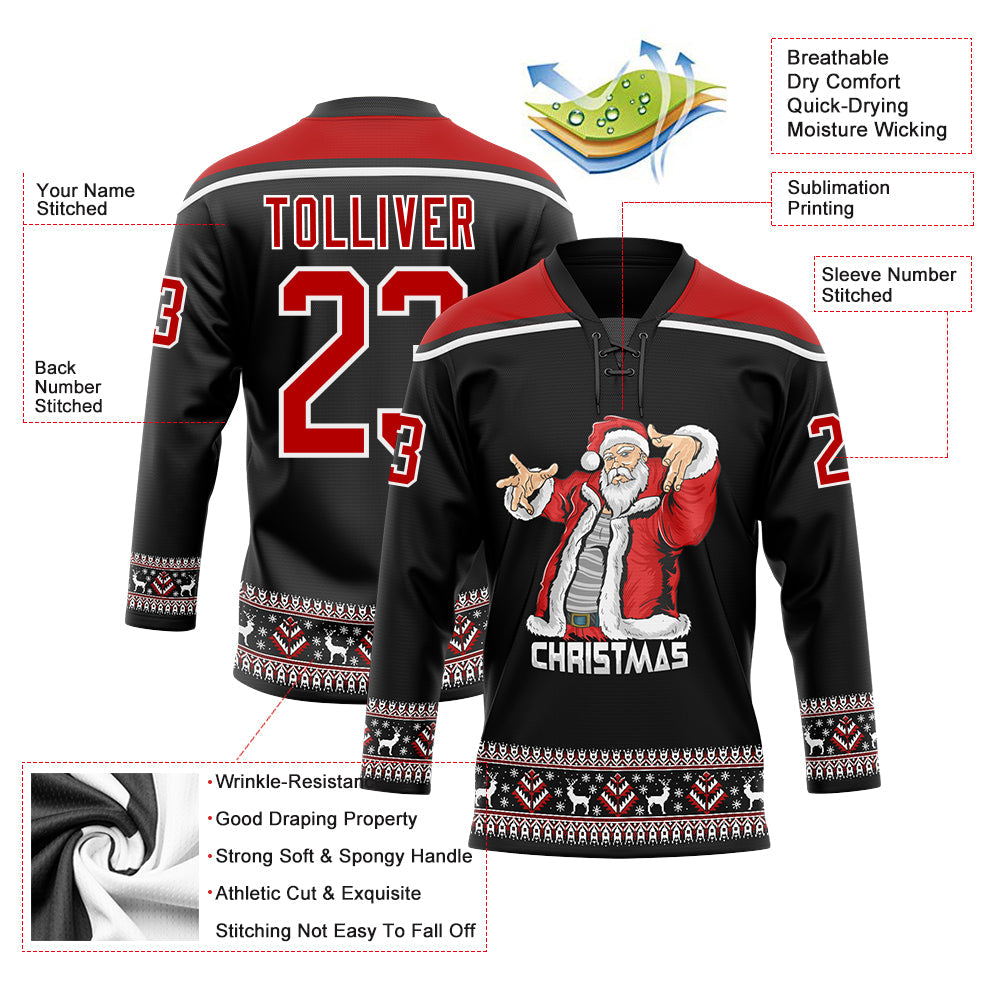 Custom Hockey Jersey - Black Red-White Christmas Santa Claus 3D Lace Neck