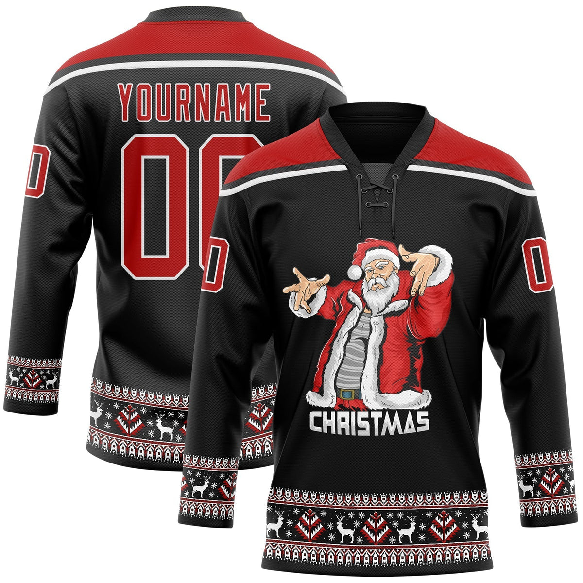 Custom Hockey Jersey - Black Red-White Christmas Santa Claus 3D Lace Neck