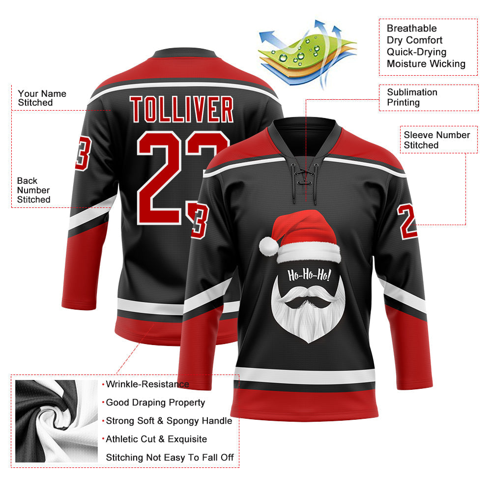 Custom Hockey Jersey - Black Red-White Christmas Santa Claus 3D Lace Neck