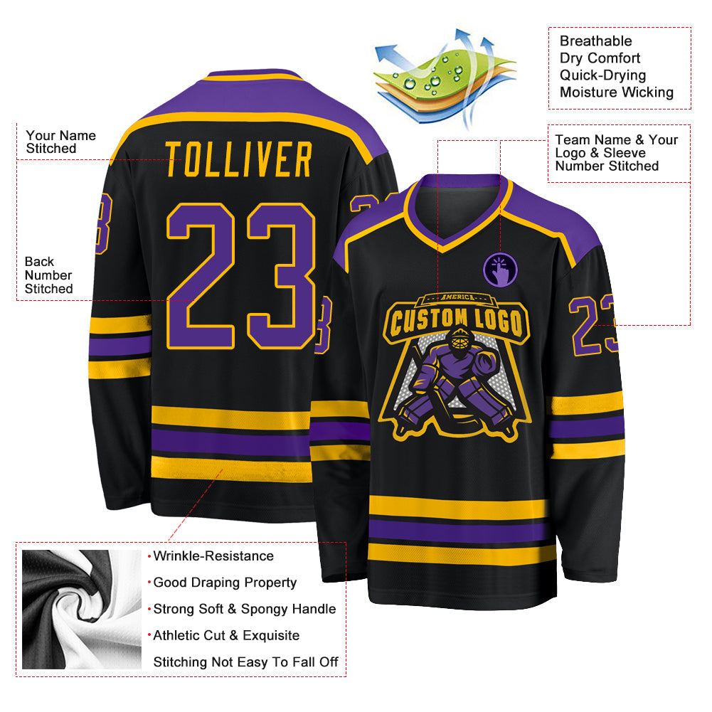 Custom Hockey Jersey - Black Purple-Gold
