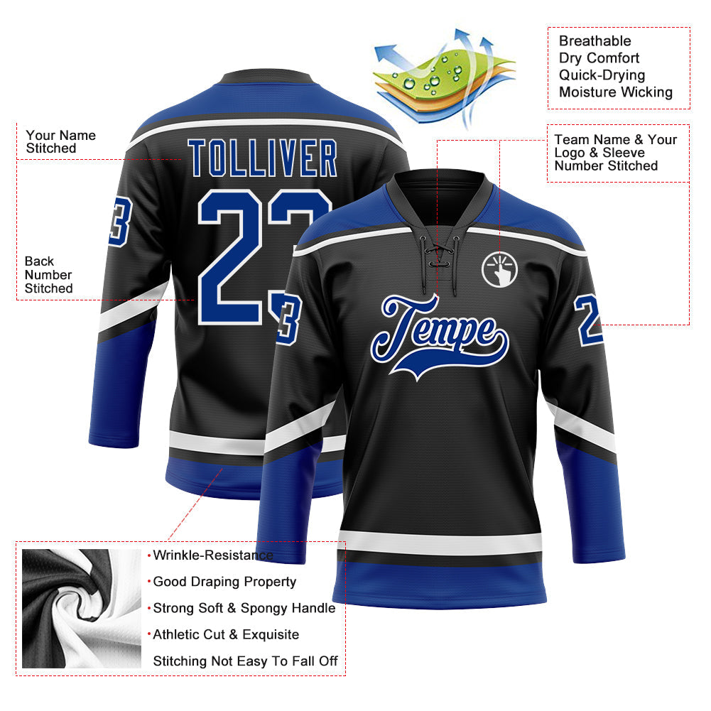 Custom Hockey Jersey - Black Royal-White Lace Neck