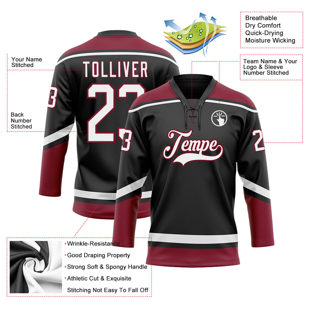 Custom Hockey Jersey - Black White-Crimson Lace Neck