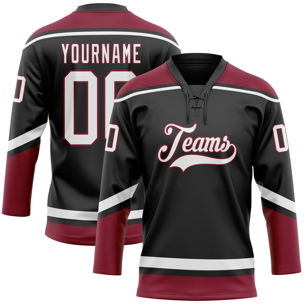 Custom Hockey Jersey - Black White-Crimson Lace Neck