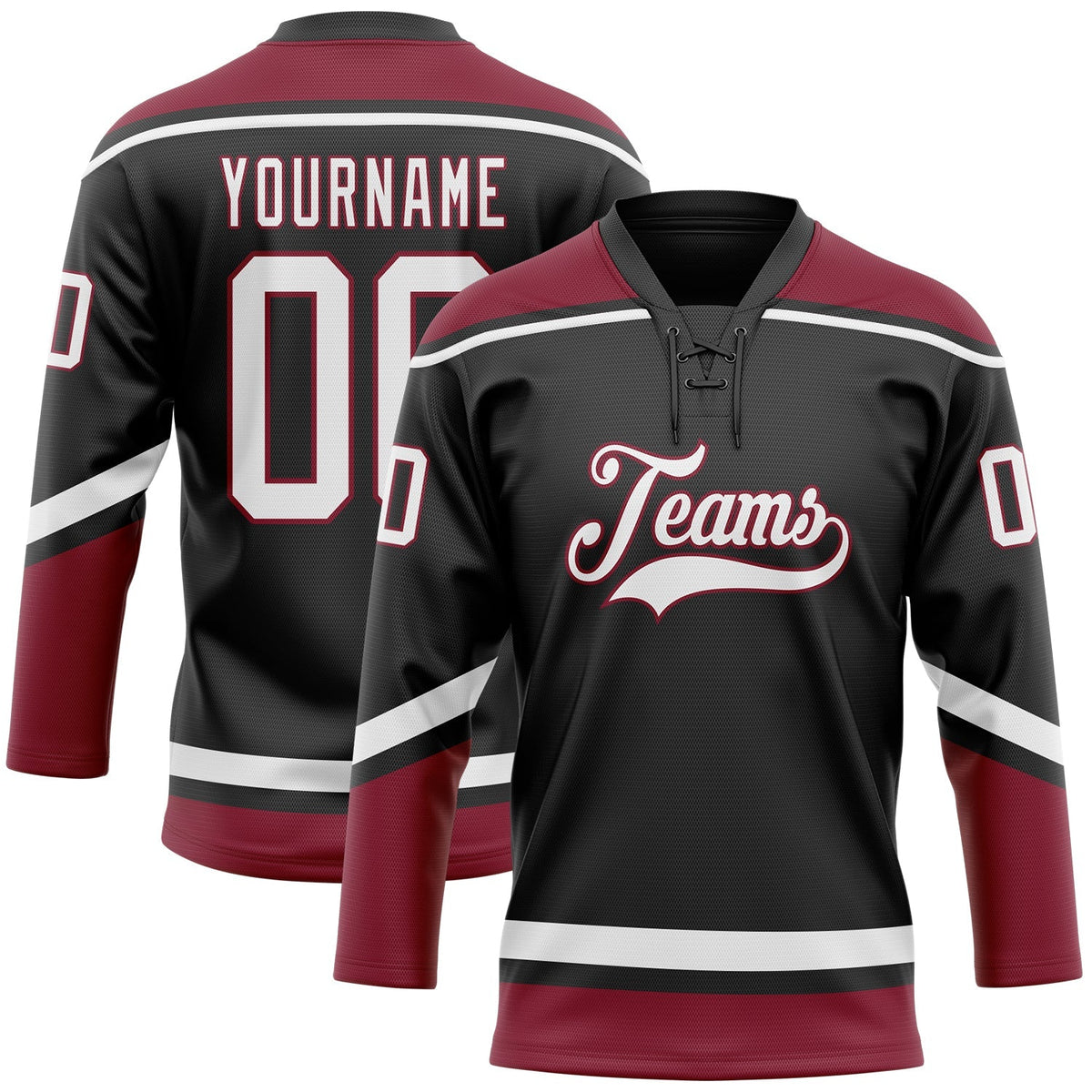 Custom Hockey Jersey - Black White-Crimson Lace Neck