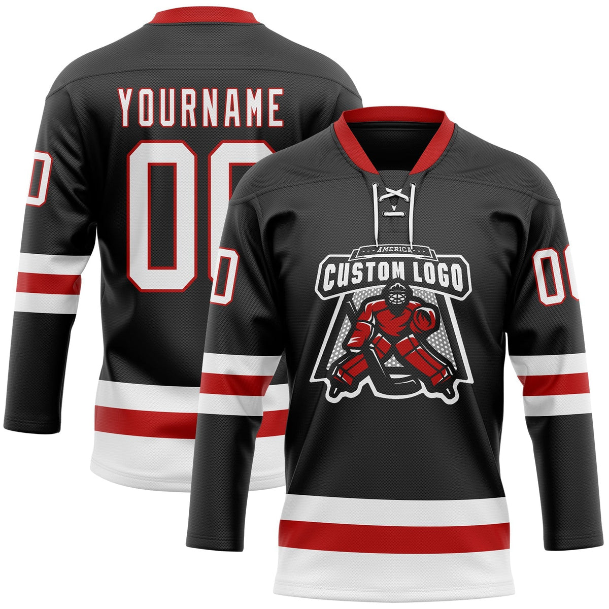 Custom Hockey Jersey - Black White-Red Lace Neck