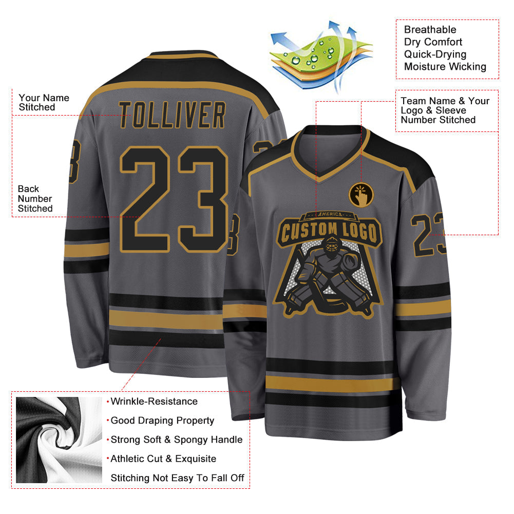 Custom Hockey Jersey - Steel Gray Black-Old Gold