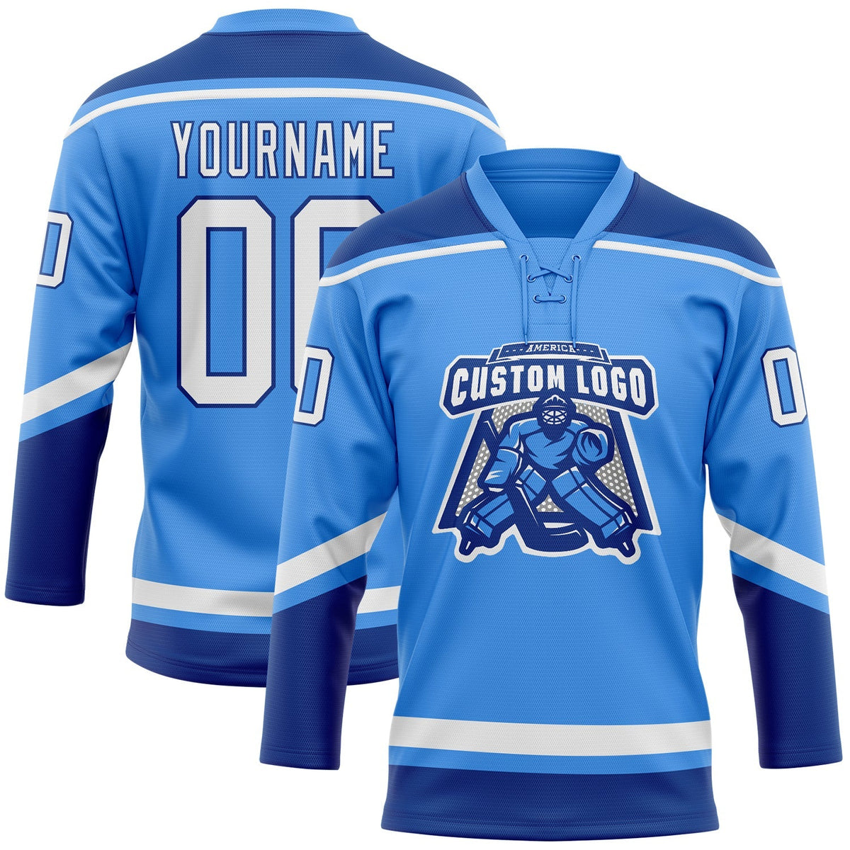 Custom Hockey Jersey - Powder Blue White-Royal Lace Neck