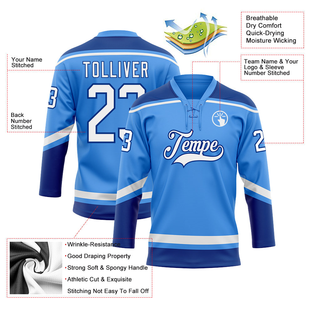 Custom Hockey Jersey - Powder Blue White-Royal Lace Neck