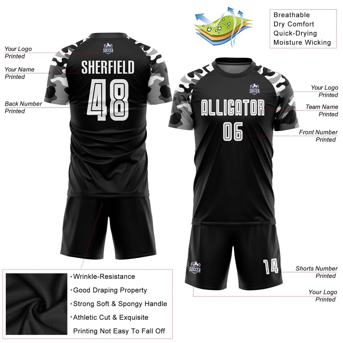Custom Soccer Jersey - Black White-Camo Sublimation Uniform
