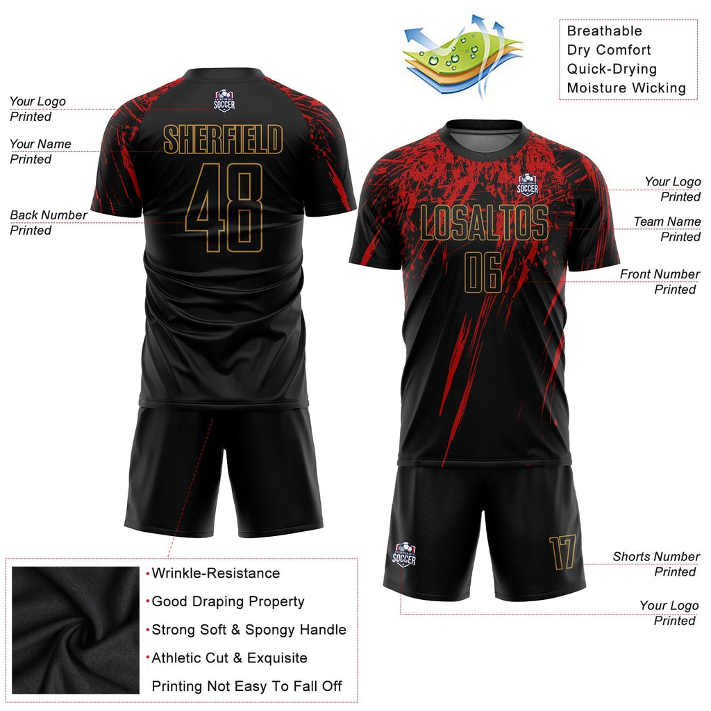 Custom Soccer Jersey - Black Black Old Gold-Red Sublimation Uniform