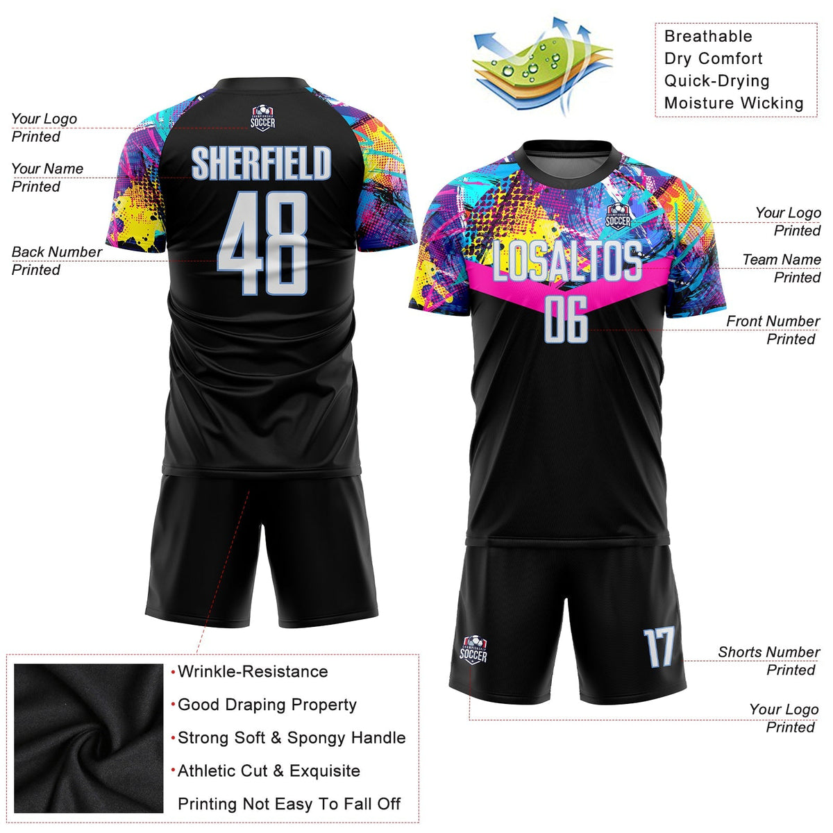 Custom Soccer Jersey - Black White-Light Blue Sublimation Uniform
