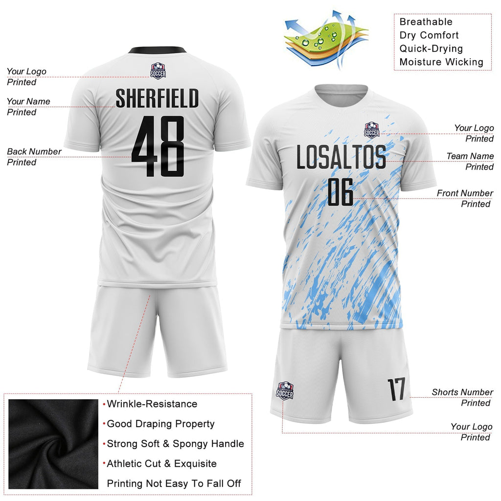 Custom Soccer Jersey - White Black-Light Blue Sublimation Uniform