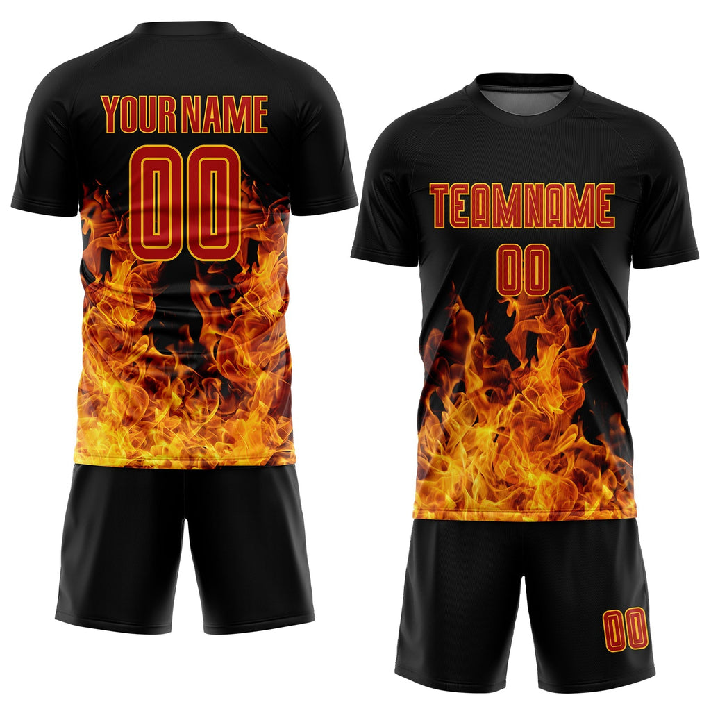 Custom Soccer Jersey - Black Red-Gold Flame Sublimation Uniform