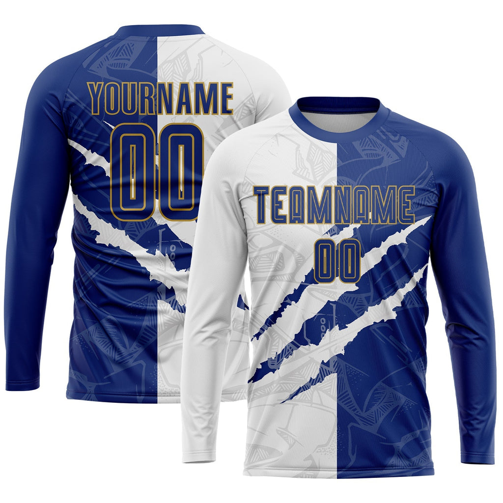 Custom Soccer Jersey - Graffiti Pattern Royal White-Old Gold Scratch Sublimation Uniform