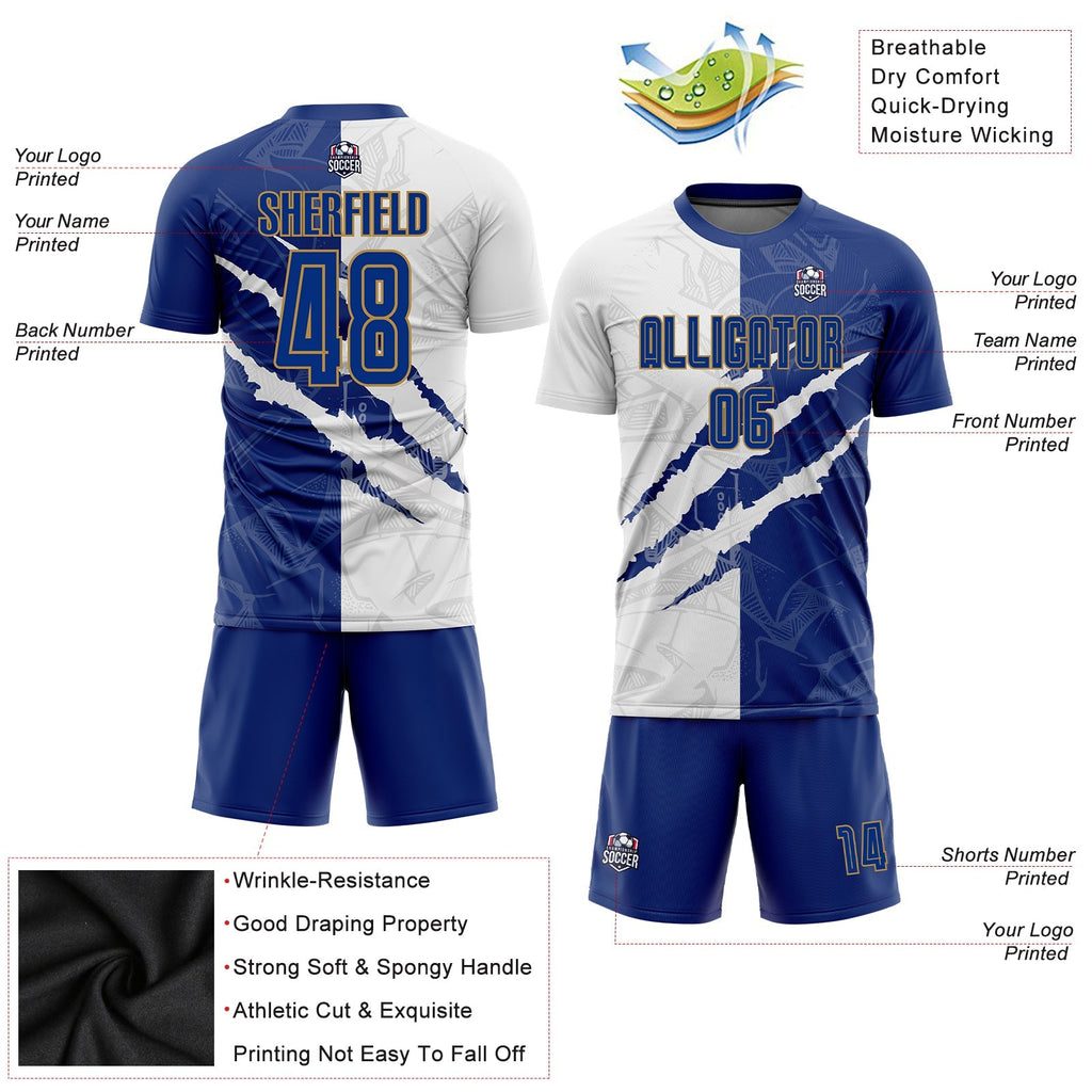 Custom Soccer Jersey - Graffiti Pattern Royal White-Old Gold Scratch Sublimation Uniform