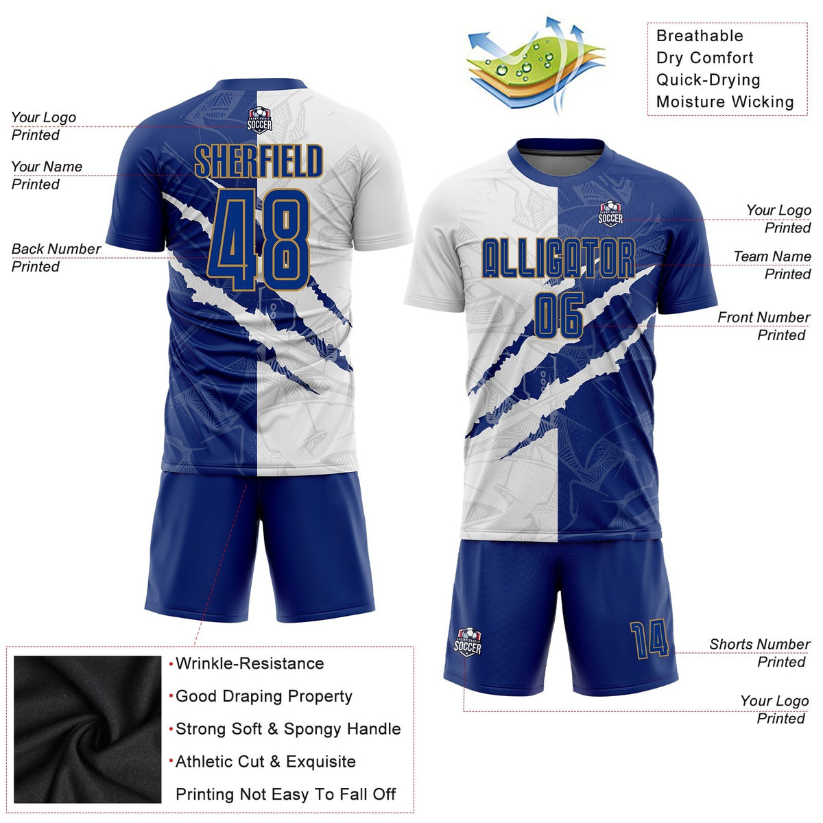 Custom Soccer Jersey - Graffiti Pattern Royal White-Old Gold Scratch Sublimation Uniform