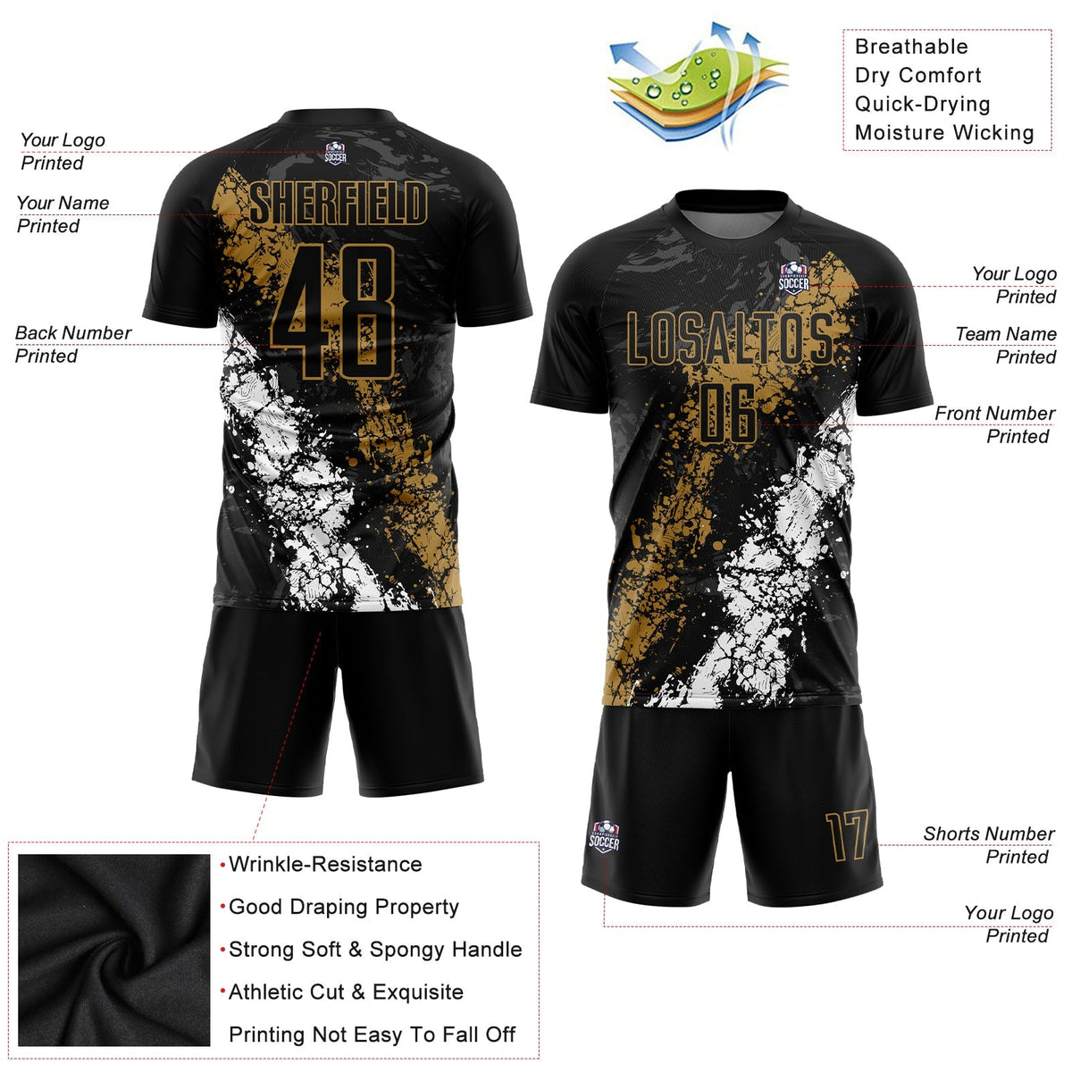 Custom Soccer Jersey - Black Old Gold-White Sublimation Uniform