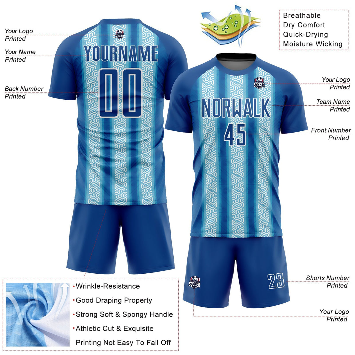 Custom Soccer Jersey - Blue Light Blue-White Ethnic Stripes Sublimation Uniform