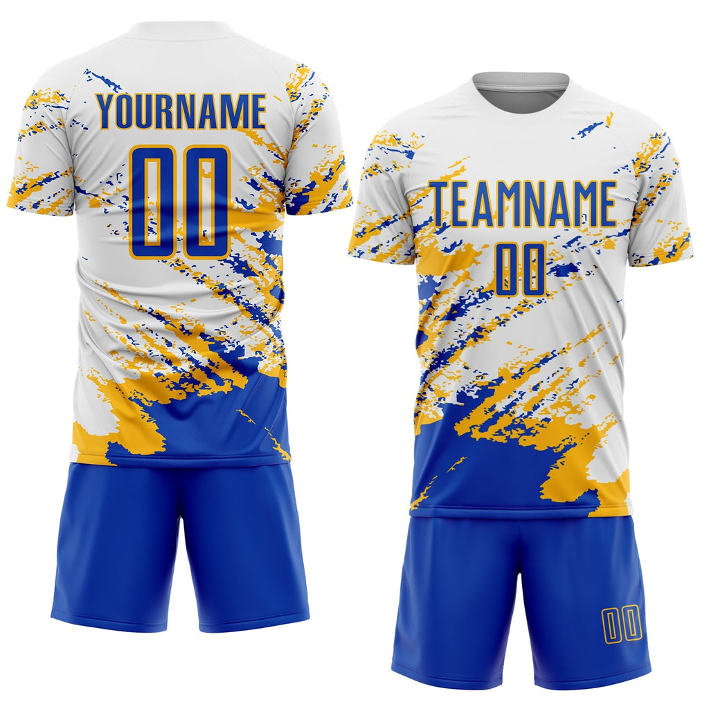 Custom Soccer Jersey - White Thunder Blue-Gold Abstract Fragment Art Splash Sublimation Uniform