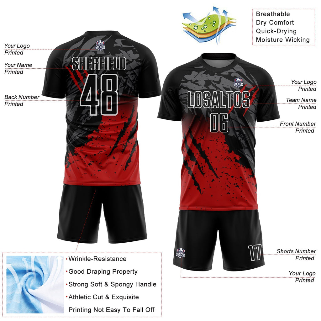 Custom Soccer Jersey - Black Red-White Gradient Scratch Splash Sublimation Uniform