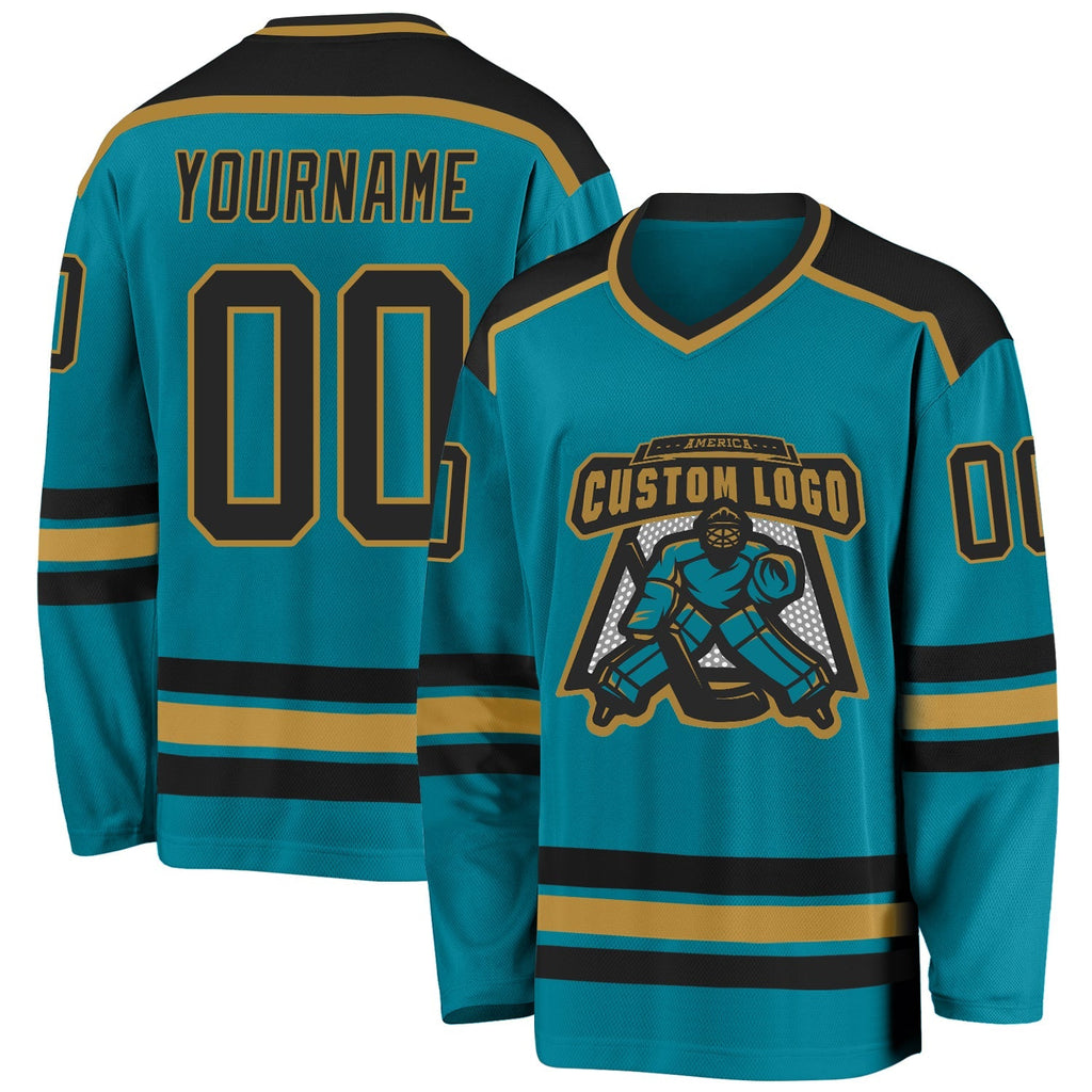 Custom Hockey Jersey - Teal Black-Old Gold