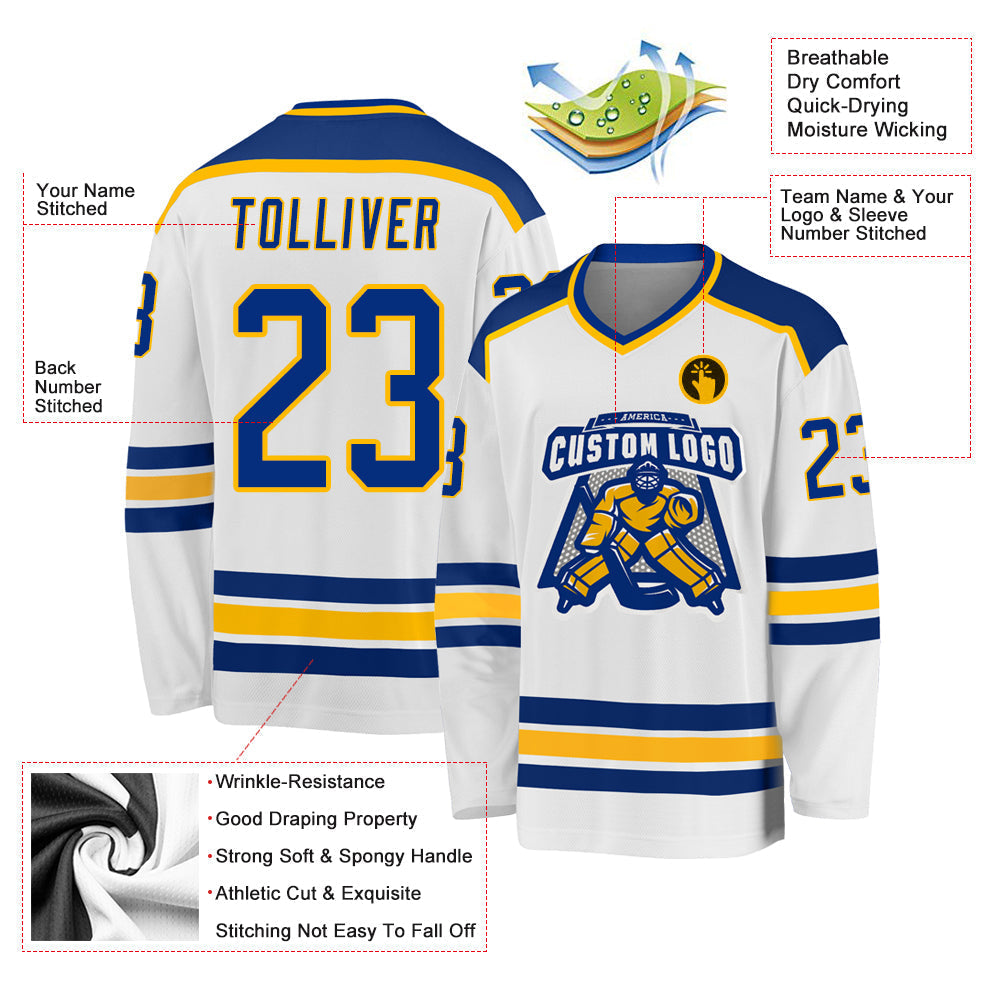 Custom Hockey Jersey - White Royal-Gold