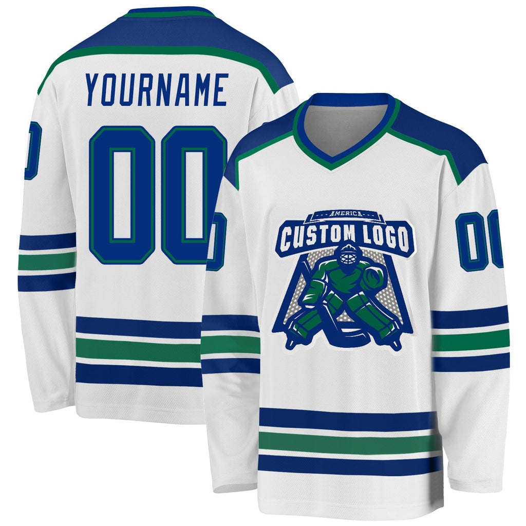 Custom Hockey Jersey - White Royal-Kelly Green