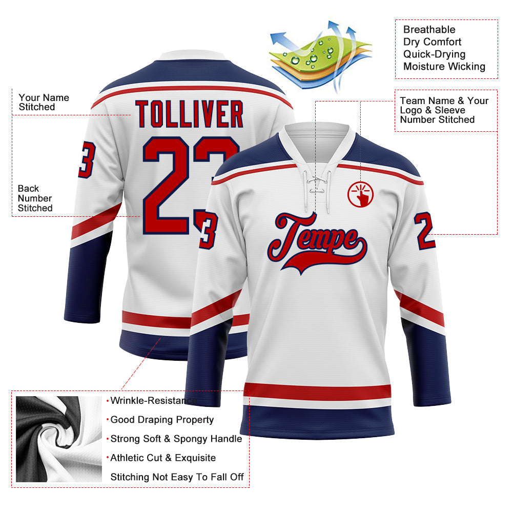 Custom Hockey Jersey - White Red-Navy Lace Neck