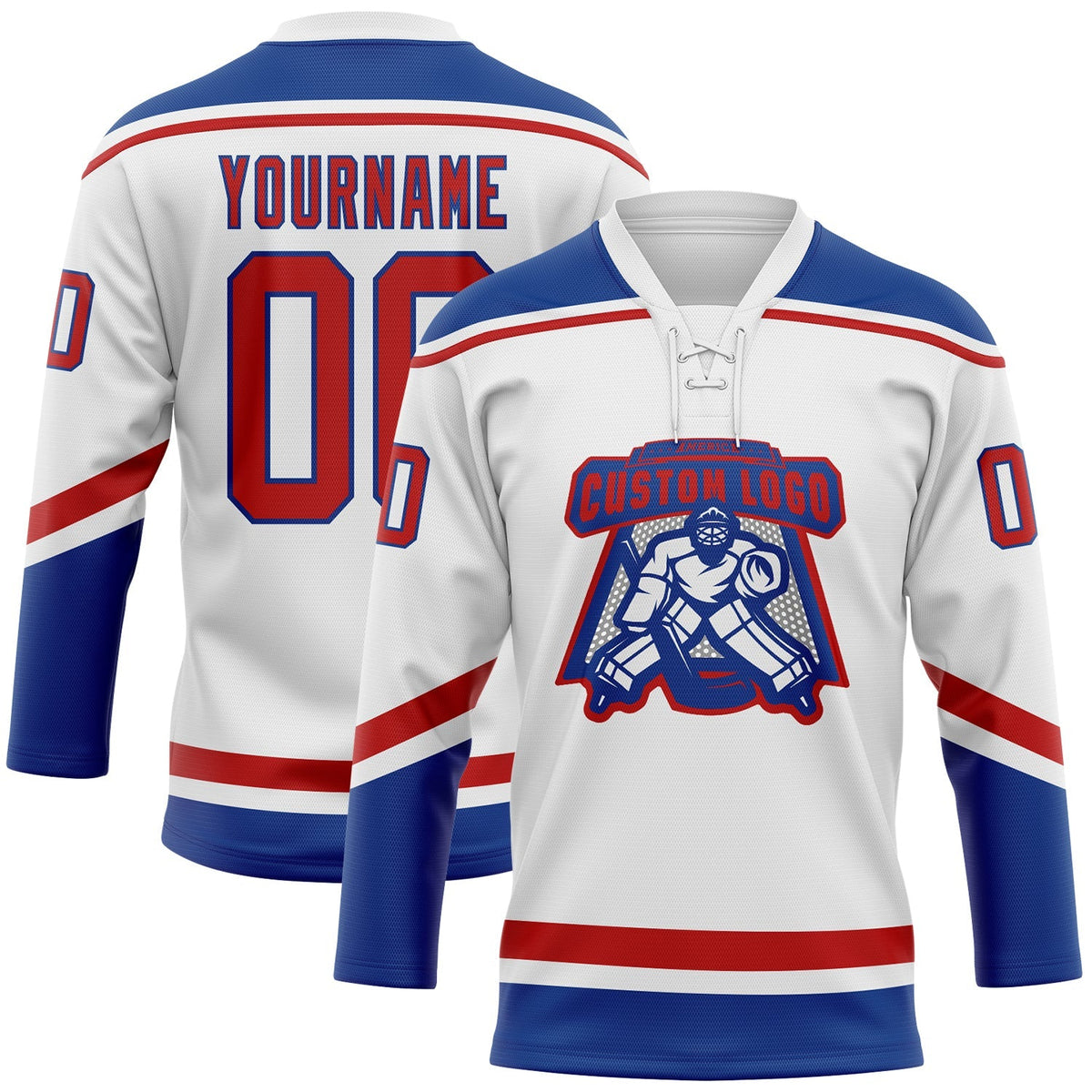 Custom Hockey Jersey - White Red-Royal Lace Neck