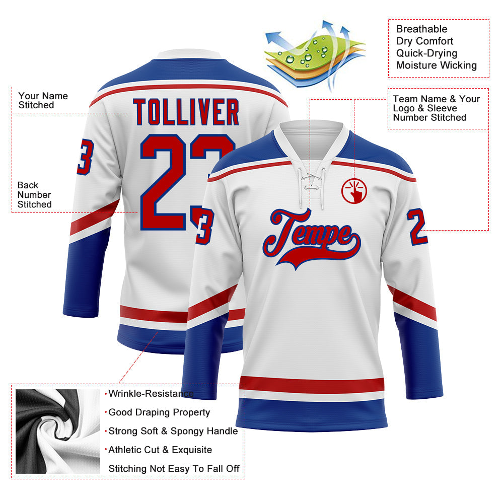 Custom Hockey Jersey - White Red-Royal Lace Neck