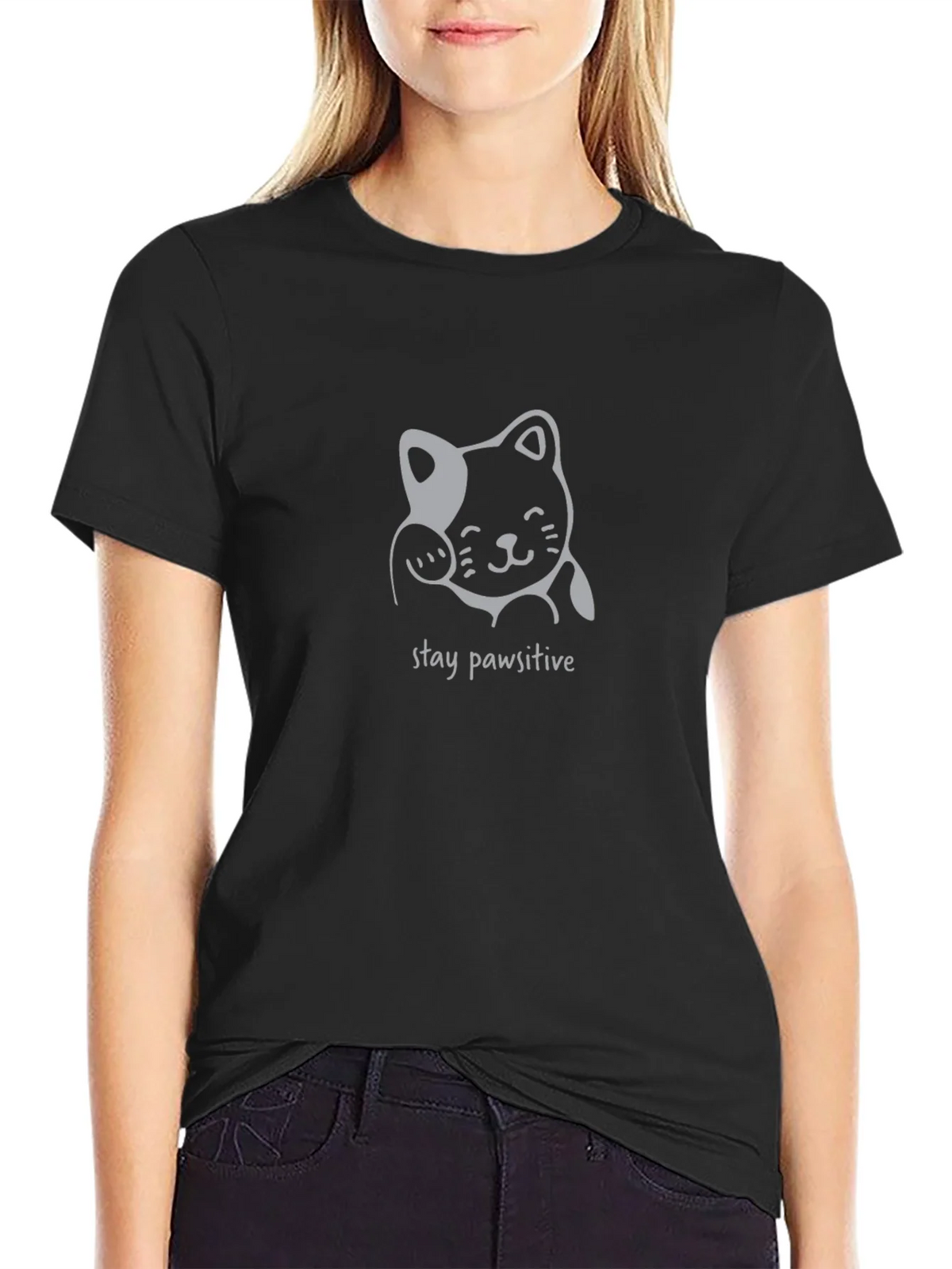 Stay Pawsitive Cat Graphic Tee - Black