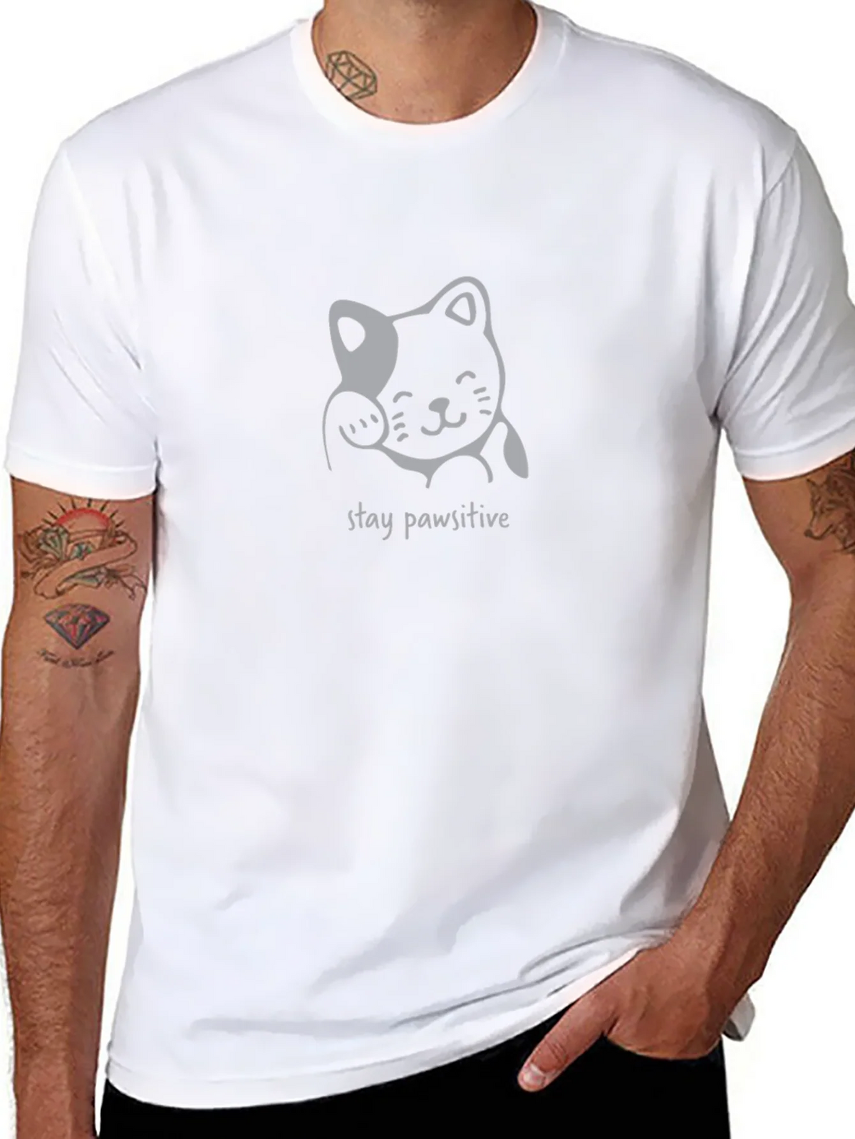 Stay Pawsitive Cat Graphic Tee - Black