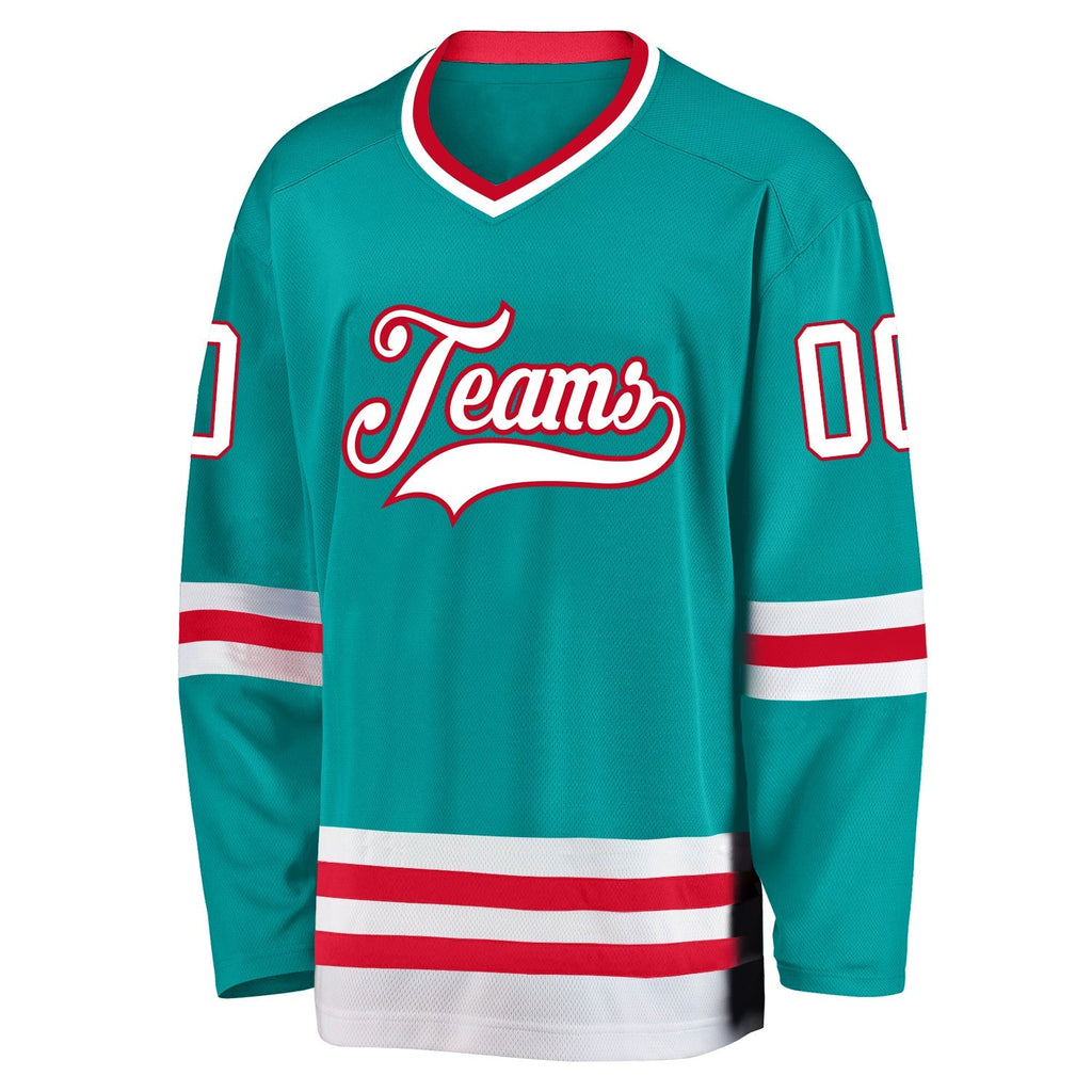 Custom Hockey Jersey - Aqua White-Red