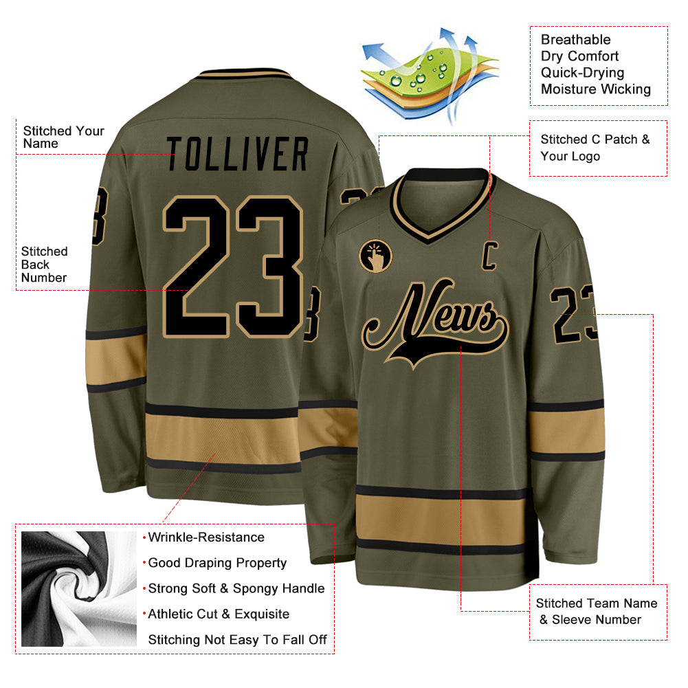 Custom Hockey Jersey - Olive Black-Old Gold Salute To Service