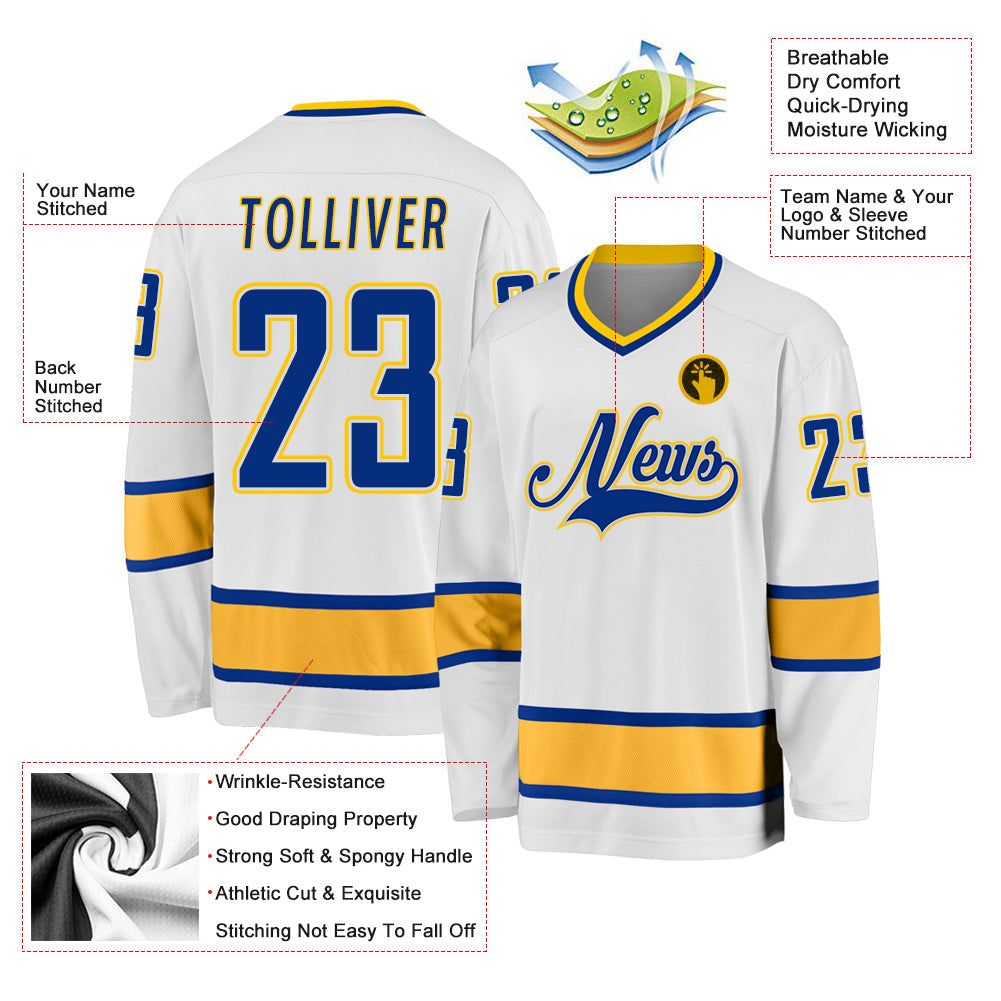 Custom Hockey Jersey - White Royal-Gold