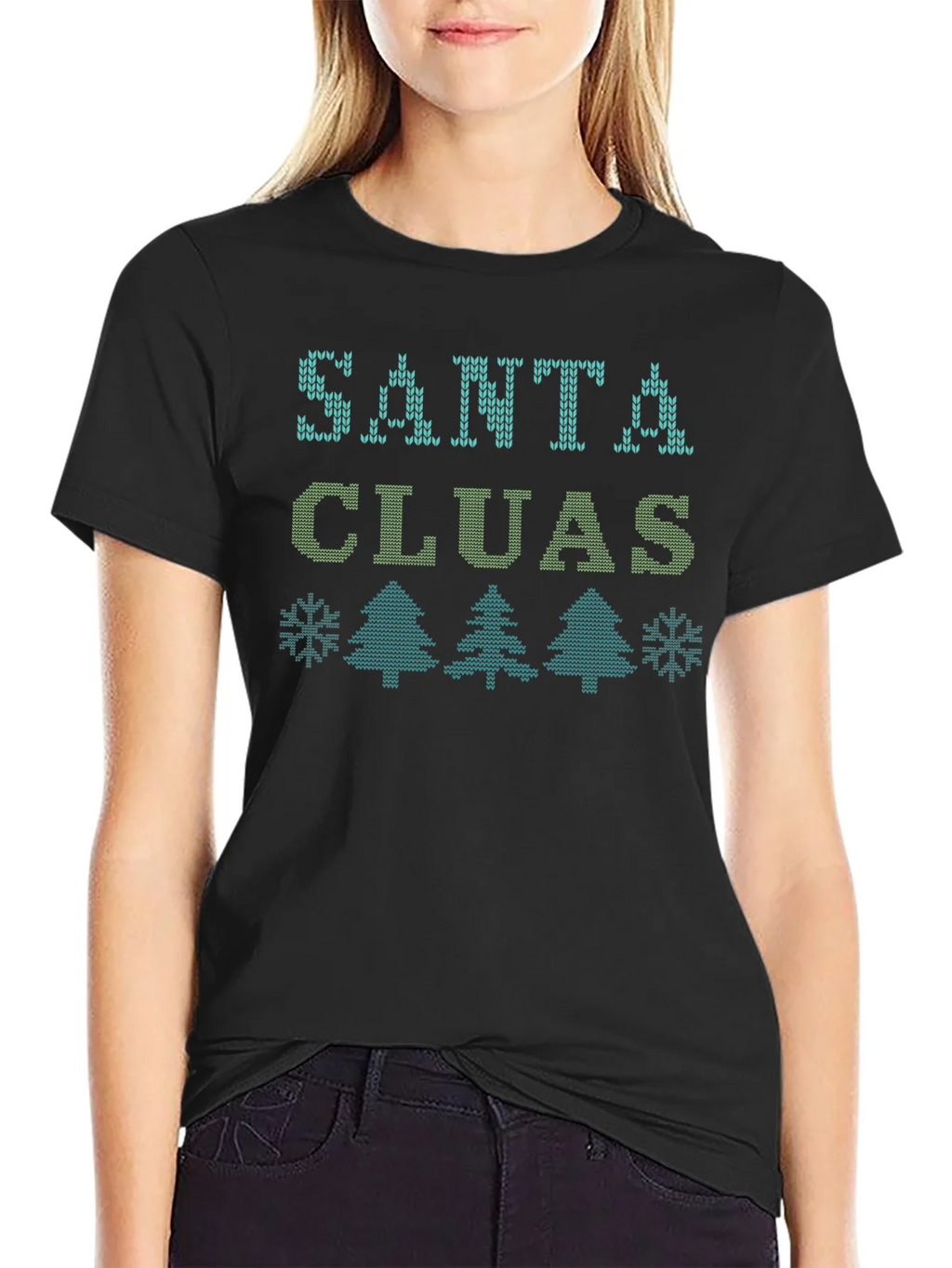 Santa Cluas Christmas Pattern Black T-Shirt